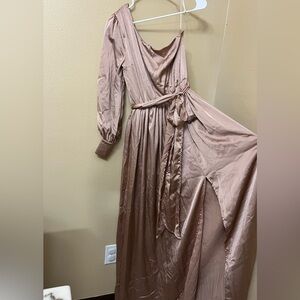 Long one shoulder maternity dress rose gold pink size small